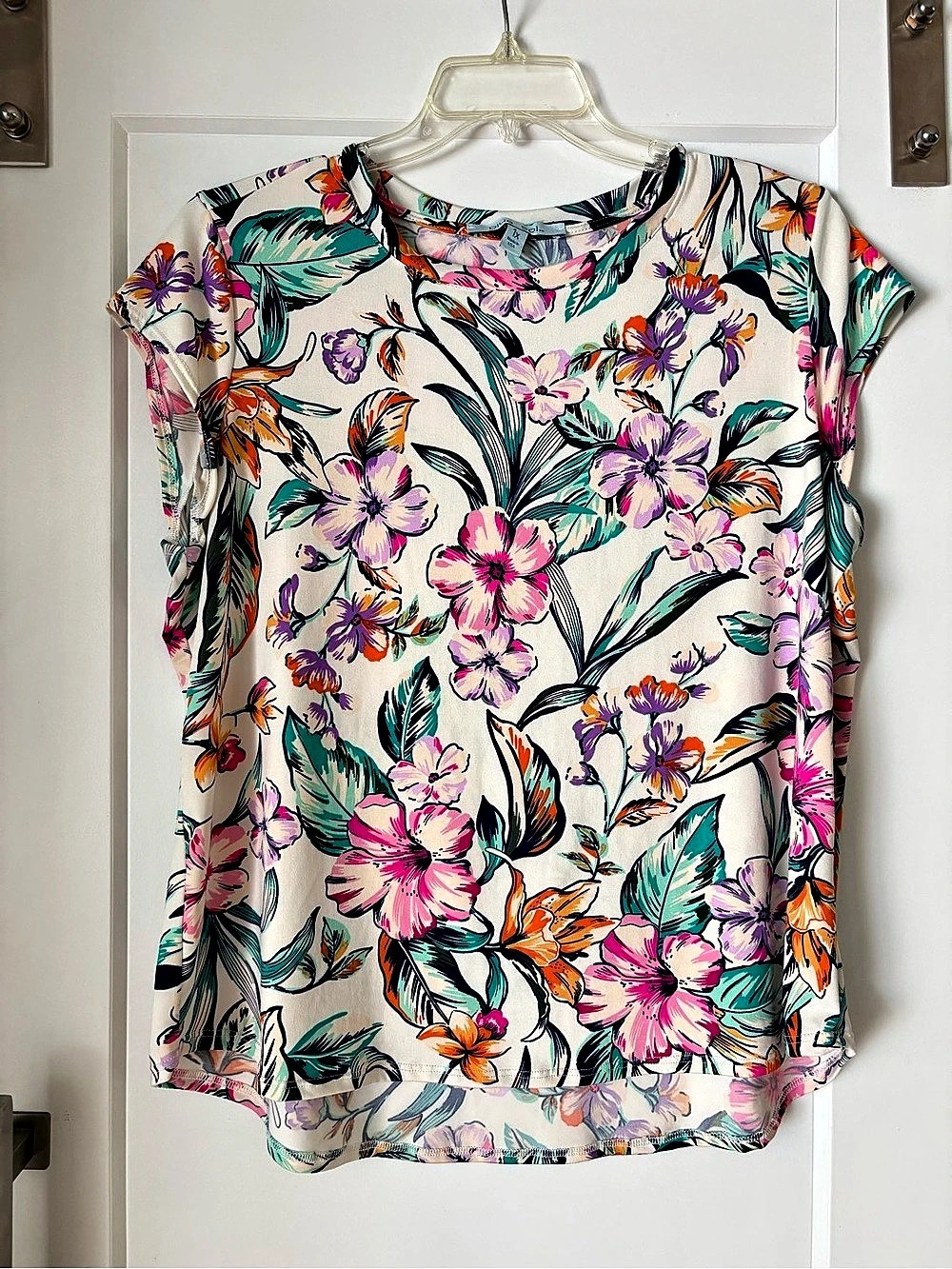 blue sol Floral Short Cap Sleeve Top Off White & Pink Size 1X